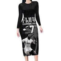 Custom Fiji Rugby Pacific Champions 2024 Family Matching Long Sleeve Bodycon Dress and Hawaiian Shirt Anniversary 7 Titles - Fijians Rugby and Tapa Hibiscus Black Art LT03 Mom's Dress Black - Polynesian Pride