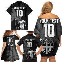 Custom Fiji Rugby Pacific Champions 2024 Family Matching Off Shoulder Short Dress and Hawaiian Shirt Anniversary 7 Titles - Fijians Rugby and Tapa Hibiscus Black Art LT03 - Polynesian Pride