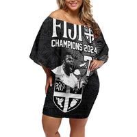 Custom Fiji Rugby Pacific Champions 2024 Family Matching Off Shoulder Short Dress and Hawaiian Shirt Anniversary 7 Titles - Fijians Rugby and Tapa Hibiscus Black Art LT03 Mom's Dress Black - Polynesian Pride
