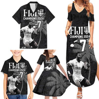 Custom Fiji Rugby Pacific Champions 2024 Family Matching Summer Maxi Dress and Hawaiian Shirt Anniversary 7 Titles - Fijians Rugby and Tapa Hibiscus Black Art LT03 - Polynesian Pride