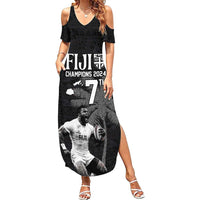 Custom Fiji Rugby Pacific Champions 2024 Family Matching Summer Maxi Dress and Hawaiian Shirt Anniversary 7 Titles - Fijians Rugby and Tapa Hibiscus Black Art LT03 Mom's Dress Black - Polynesian Pride