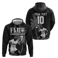Custom Fiji Rugby Pacific Champions 2024 Hoodie Anniversary 7 Titles - Fijians Rugby and Tapa Hibiscus Black Art LT03 - Polynesian Pride