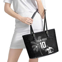 Custom Fiji Rugby Pacific Champions 2024 Leather Tote Bag Anniversary 7 Titles - Fijians Rugby and Tapa Hibiscus Black Art LT03 - Polynesian Pride