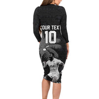 Custom Fiji Rugby Pacific Champions 2024 Long Sleeve Bodycon Dress Anniversary 7 Titles - Fijians Rugby and Tapa Hibiscus Black Art LT03 - Polynesian Pride