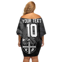 Custom Fiji Rugby Pacific Champions 2024 Off Shoulder Short Dress Anniversary 7 Titles - Fijians Rugby and Tapa Hibiscus Black Art LT03 - Polynesian Pride