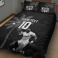 Custom Fiji Rugby Pacific Champions 2024 Quilt Bed Set Anniversary 7 Titles - Fijians Rugby and Tapa Hibiscus Black Art LT03 - Polynesian Pride