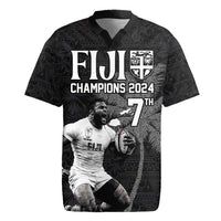Custom Fiji Rugby Pacific Champions 2024 Rugby Jersey Anniversary 7 Titles - Fijians Rugby and Tapa Hibiscus Black Art LT03 Black - Polynesian Pride