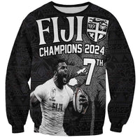 Custom Fiji Rugby Pacific Champions 2024 Sweatshirt Anniversary 7 Titles - Fijians Rugby and Tapa Hibiscus Black Art LT03 Unisex Black - Polynesian Pride