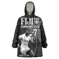 Custom Fiji Rugby Pacific Champions 2024 Wearable Blanket Hoodie Anniversary 7 Titles - Fijians Rugby and Tapa Hibiscus Black Art LT03 One Size Black - Polynesian Pride