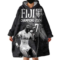 Custom Fiji Rugby Pacific Champions 2024 Wearable Blanket Hoodie Anniversary 7 Titles - Fijians Rugby and Tapa Hibiscus Black Art LT03 - Polynesian Pride