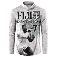 Custom Fiji Rugby Pacific Champions 2024 Button Sweatshirt Anniversary 7 Titles - Fijians Rugby and Tapa Hibiscus White Art LT03 White - Polynesian Pride
