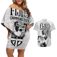 Custom Fiji Rugby Pacific Champions 2024 Couples Matching Off Shoulder Short Dress and Hawaiian Shirt Anniversary 7 Titles - Fijians Rugby and Tapa Hibiscus White Art LT03 White - Polynesian Pride