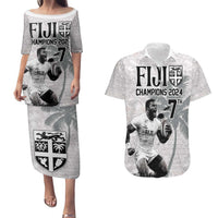 Custom Fiji Rugby Pacific Champions 2024 Couples Matching Puletasi and Hawaiian Shirt Anniversary 7 Titles - Fijians Rugby and Tapa Hibiscus White Art LT03 White - Polynesian Pride