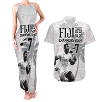 Custom Fiji Rugby Pacific Champions 2024 Couples Matching Tank Maxi Dress and Hawaiian Shirt Anniversary 7 Titles - Fijians Rugby and Tapa Hibiscus White Art LT03 White - Polynesian Pride