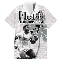 Custom Fiji Rugby Pacific Champions 2024 Family Matching Off The Shoulder Long Sleeve Dress and Hawaiian Shirt Anniversary 7 Titles - Fijians Rugby and Tapa Hibiscus White Art LT03 Dad's Shirt - Short Sleeve White - Polynesian Pride
