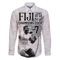 Custom Fiji Rugby Pacific Champions 2024 Family Matching Off Shoulder Maxi Dress and Hawaiian Shirt Anniversary 7 Titles - Fijians Rugby and Tapa Hibiscus White Art LT03 Dad's Shirt - Long Sleeve White - Polynesian Pride