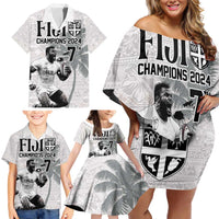 Custom Fiji Rugby Pacific Champions 2024 Family Matching Off Shoulder Short Dress and Hawaiian Shirt Anniversary 7 Titles - Fijians Rugby and Tapa Hibiscus White Art LT03 - Polynesian Pride