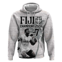 Custom Fiji Rugby Pacific Champions 2024 Hoodie Anniversary 7 Titles - Fijians Rugby and Tapa Hibiscus White Art LT03 Pullover Hoodie White - Polynesian Pride