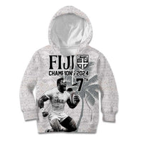 Custom Fiji Rugby Pacific Champions 2024 Kid Hoodie Anniversary 7 Titles - Fijians Rugby and Tapa Hibiscus White Art LT03 Hoodie White - Polynesian Pride