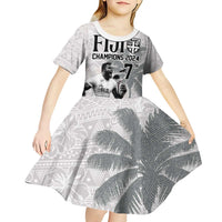 Custom Fiji Rugby Pacific Champions 2024 Kid Short Sleeve Dress Anniversary 7 Titles - Fijians Rugby and Tapa Hibiscus White Art LT03 - Polynesian Pride