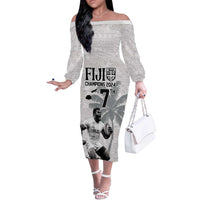 Custom Fiji Rugby Pacific Champions 2024 Off The Shoulder Long Sleeve Dress Anniversary 7 Titles - Fijians Rugby and Tapa Hibiscus White Art LT03 Women White - Polynesian Pride