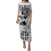Custom Fiji Rugby Pacific Champions 2024 Puletasi Anniversary 7 Titles - Fijians Rugby and Tapa Hibiscus White Art LT03 Long Dress White - Polynesian Pride