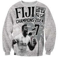 Custom Fiji Rugby Pacific Champions 2024 Sweatshirt Anniversary 7 Titles - Fijians Rugby and Tapa Hibiscus White Art LT03 Unisex White - Polynesian Pride