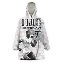 Custom Fiji Rugby Pacific Champions 2024 Wearable Blanket Hoodie Anniversary 7 Titles - Fijians Rugby and Tapa Hibiscus White Art LT03 One Size White - Polynesian Pride
