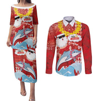 Hawaiian Mele Kalikimaka Couples Matching Puletasi and Long Sleeve Button Shirt Funny Santa Riding Lei Dolphin with Kakau Tattoos LT03 Red - Polynesian Pride