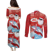 Hawaiian Mele Kalikimaka Couples Matching Puletasi and Long Sleeve Button Shirt Funny Santa Riding Lei Dolphin with Kakau Tattoos LT03 - Polynesian Pride