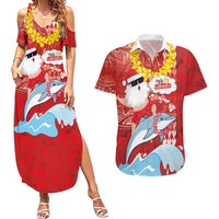Hawaiian Mele Kalikimaka Couples Matching Summer Maxi Dress and Hawaiian Shirt Funny Santa Riding Lei Dolphin with Kakau Tattoos LT03 Red - Polynesian Pride