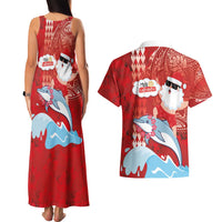 Hawaiian Mele Kalikimaka Couples Matching Tank Maxi Dress and Hawaiian Shirt Funny Santa Riding Lei Dolphin with Kakau Tattoos LT03 - Polynesian Pride