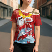 Hawaiian Mele Kalikimaka Cross Shoulder Shirt Funny Santa Riding Lei Dolphin with Kakau Tattoos LT03 - Polynesian Pride