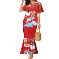 Hawaiian Mele Kalikimaka Family Matching Mermaid Dress and Hawaiian Shirt Funny Santa Riding Lei Dolphin with Kakau Tattoos LT03 Mom's Dress Red - Polynesian Pride