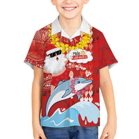 Hawaiian Mele Kalikimaka Family Matching Off Shoulder Maxi Dress and Hawaiian Shirt Funny Santa Riding Lei Dolphin with Kakau Tattoos LT03 Son's Shirt Red - Polynesian Pride