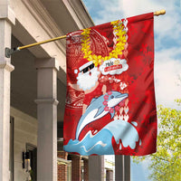 Hawaiian Mele Kalikimaka Garden Flag Funny Santa Riding Lei Dolphin with Kakau Tattoos LT03 House Flag Red - Polynesian Pride