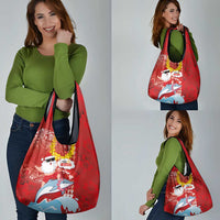 Hawaiian Mele Kalikimaka Grocery Bag Funny Santa Riding Lei Dolphin with Kakau Tattoos LT03 - Polynesian Pride