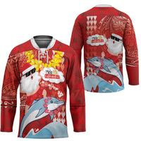 Hawaiian Mele Kalikimaka Hockey Jersey Funny Santa Riding Lei Dolphin with Kakau Tattoos LT03 - Polynesian Pride