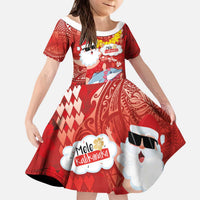Hawaiian Mele Kalikimaka Kid Short Sleeve Dress Funny Santa Riding Lei Dolphin with Kakau Tattoos LT03 KID Red - Polynesian Pride