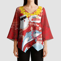 Hawaiian Mele Kalikimaka Kimono Sleeve Blouse Funny Santa Riding Lei Dolphin with Kakau Tattoos LT03 - Polynesian Pride