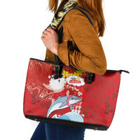Hawaiian Mele Kalikimaka Leather Tote Bag Funny Santa Riding Lei Dolphin with Kakau Tattoos LT03 Red - Polynesian Pride