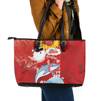 Hawaiian Mele Kalikimaka Leather Tote Bag Funny Santa Riding Lei Dolphin with Kakau Tattoos LT03 - Polynesian Pride