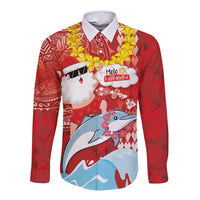 Hawaiian Mele Kalikimaka Long Sleeve Button Shirt Funny Santa Riding Lei Dolphin with Kakau Tattoos LT03 Unisex Red - Polynesian Pride