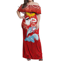 Hawaiian Mele Kalikimaka Off Shoulder Maxi Dress Funny Santa Riding Lei Dolphin with Kakau Tattoos LT03 Women Red - Polynesian Pride