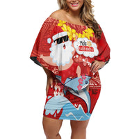 Hawaiian Mele Kalikimaka Off Shoulder Short Dress Funny Santa Riding Lei Dolphin with Kakau Tattoos LT03 Women Red - Polynesian Pride