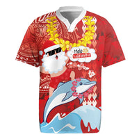 Hawaiian Mele Kalikimaka Rugby Jersey Funny Santa Riding Lei Dolphin with Kakau Tattoos LT03 Red - Polynesian Pride