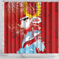 Hawaiian Mele Kalikimaka Shower Curtain Funny Santa Riding Lei Dolphin with Kakau Tattoos LT03 - Polynesian Pride
