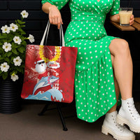 Hawaiian Mele Kalikimaka Tote Bag Funny Santa Riding Lei Dolphin with Kakau Tattoos LT03 - Polynesian Pride