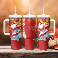 Hawaiian Mele Kalikimaka Tumbler With Handle Funny Santa Riding Lei Dolphin with Kakau Tattoos LT03 - Polynesian Pride