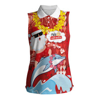 Hawaiian Mele Kalikimaka Women Sleeveless Polo Shirt Funny Santa Riding Lei Dolphin with Kakau Tattoos LT03 Female Red - Polynesian Pride